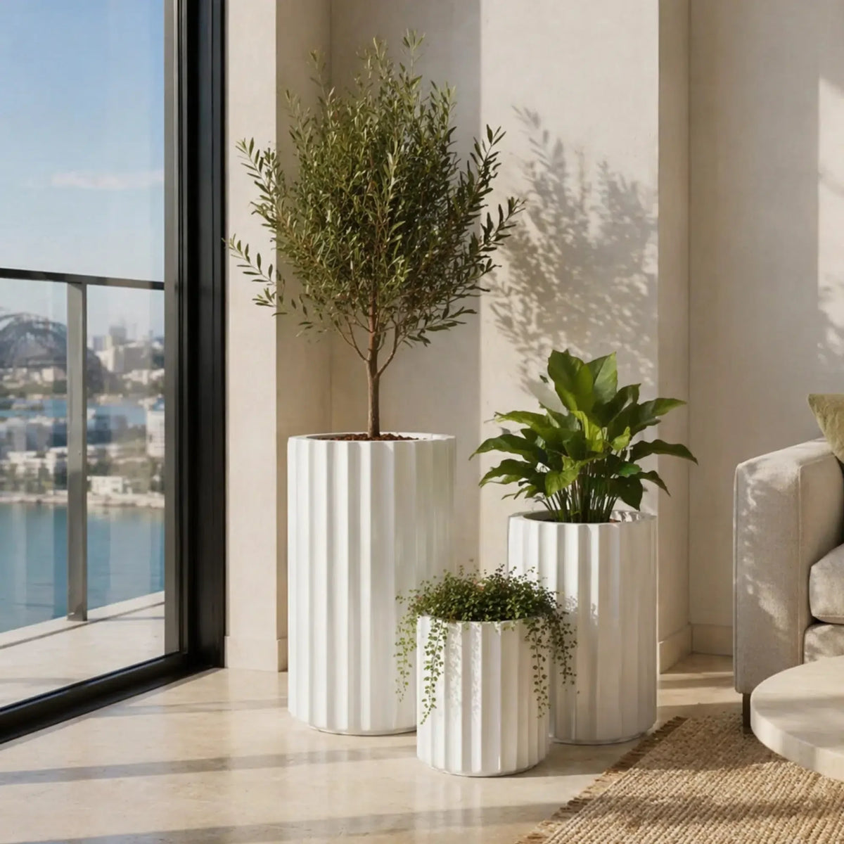 Set of 3 Luxury Rounded Ribbed Planter Premium Pot Range White