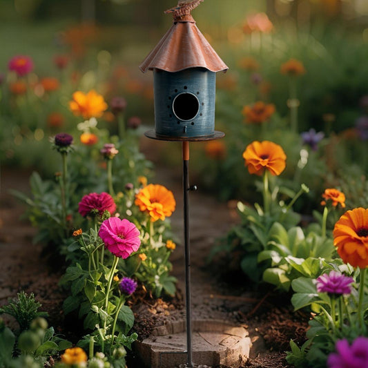 Birdhouse w Perched Bird on Leafy Garden Stake 42cm - Image 2