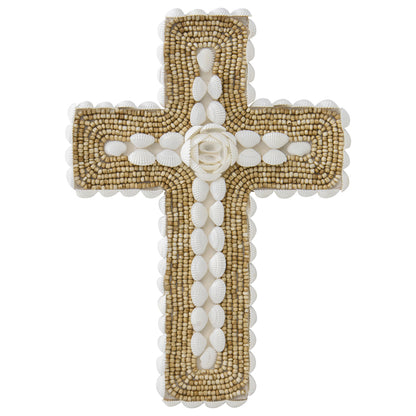 Handcrafted Shell & Narrow Weave Border Wall Hanging Cross 30x3cm