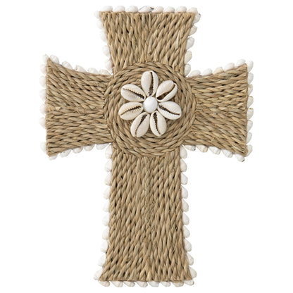 Handcrafted Shell & Broad Weave Wall Hanging Cross 32x23cm