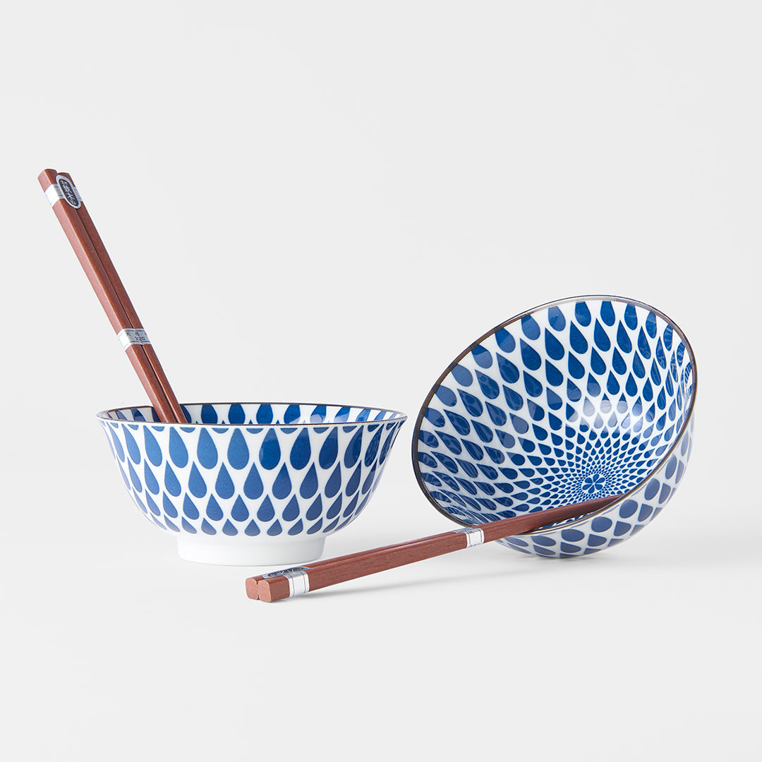 Bowl Set 2pcs with Chopsticks White Blue Teardrops Design - Image 3
