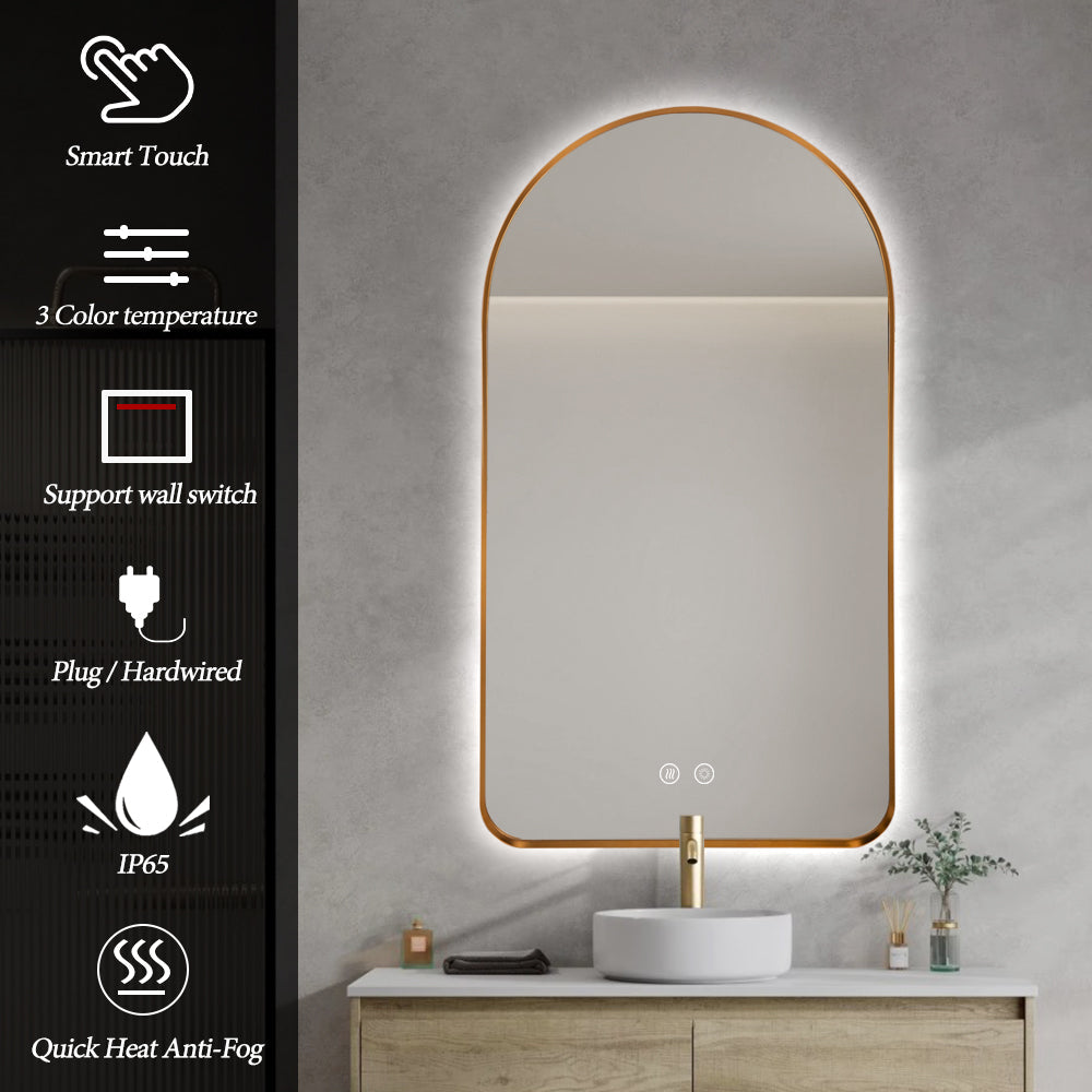 Arched LED Wall Mirror 90cm x 50cm Gold Bevel Frame Backlit Dimmable Defogger