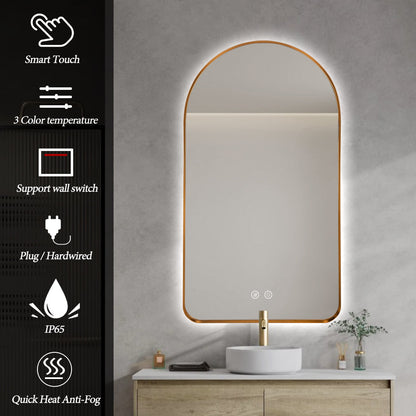 Arched LED Wall Mirror 90cm x 50cm Gold Bevel Frame Backlit Dimmable Defogger
