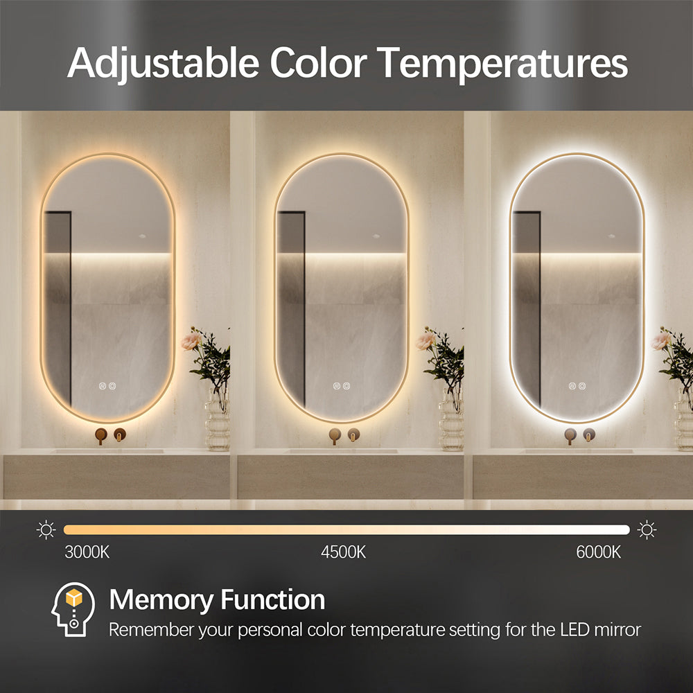 Oval LED Bathroom Mirror 50cm x 100cm Frontlit Gold Frame Defogger Dimmable