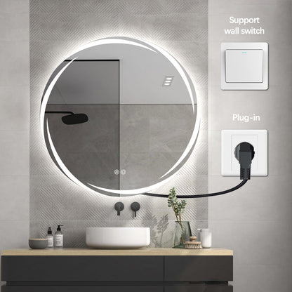 Round LED Bathroom Mirror 80cm Frameless Whirlwind Frosted Defogger Dimmable Vanity Wall Mirror