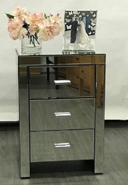Mirrored Modern Bedside with 3 Drawers Silver