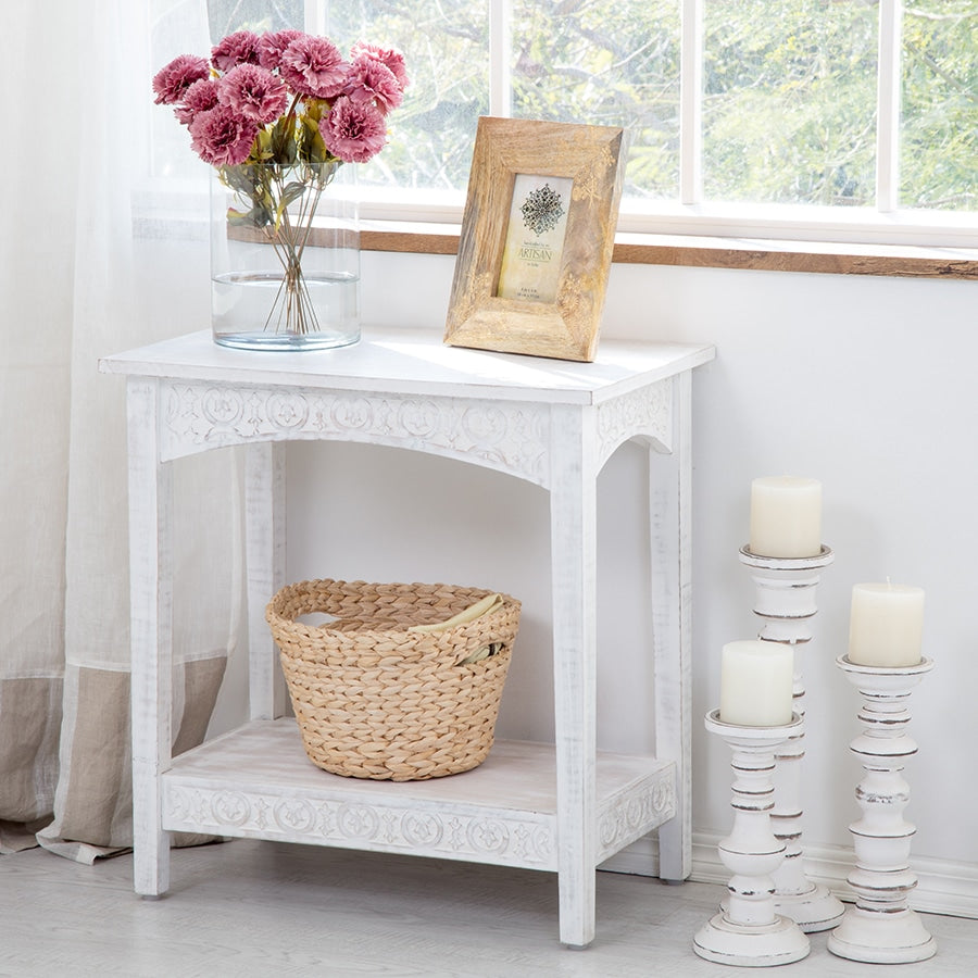 Hamptons Carved Side Table w Shelf 60cm - Image 5