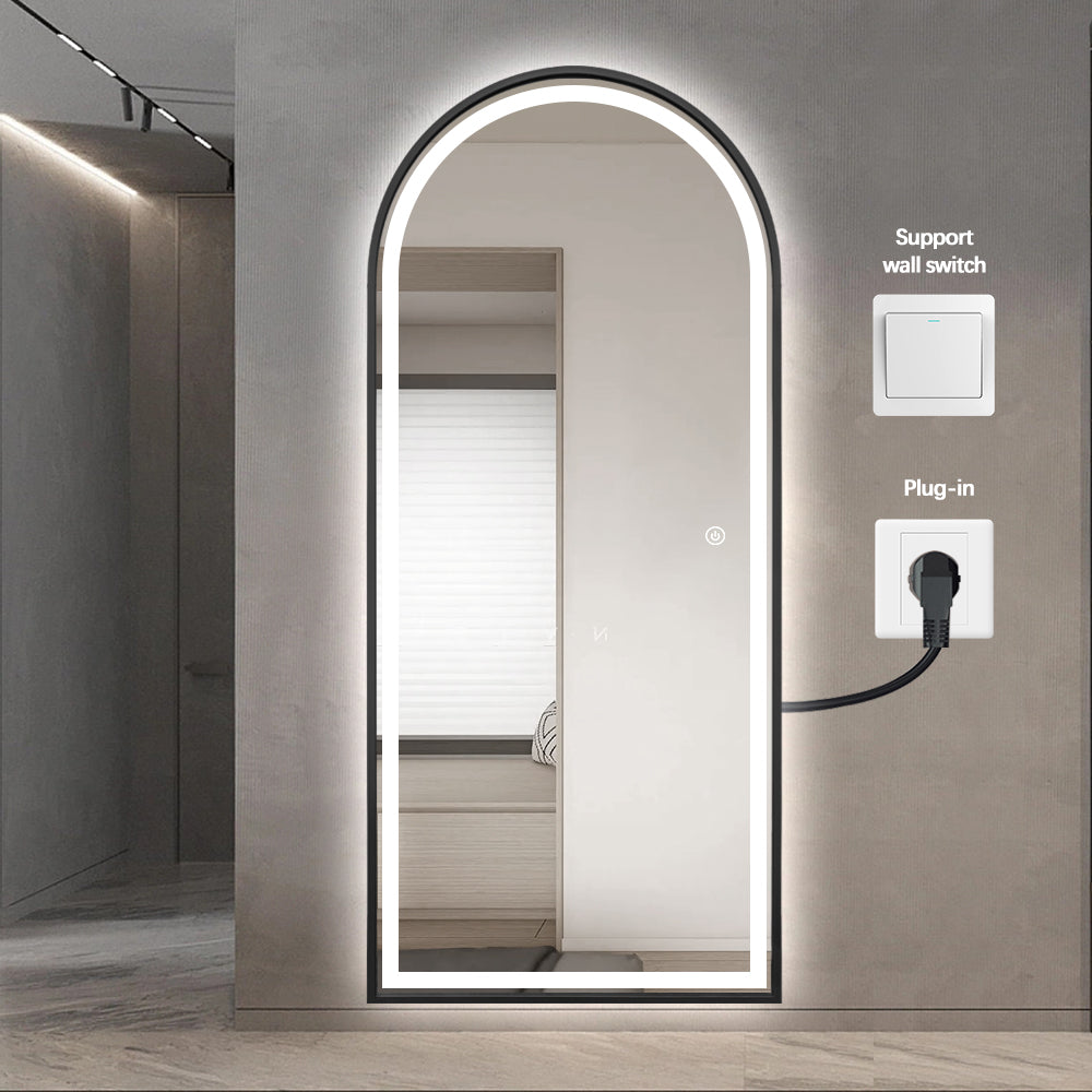 Full Length Arched LED Mirror 180cm x 80cm Freestanding Wall Mounted Black Frame Dimmable