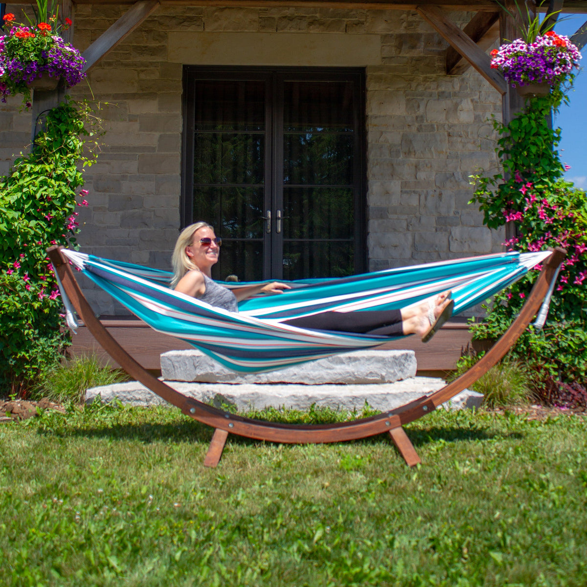 Vivere Double Sunbrella Hammock with Solid Pine Stand (260cm) - Token Surfside
