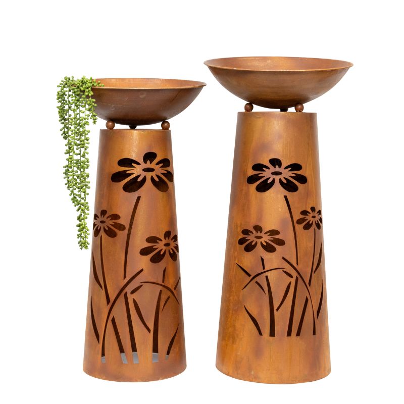 Set 2 Nested Round Pillar Rust 'Flower' Planters 83cm, 77cm