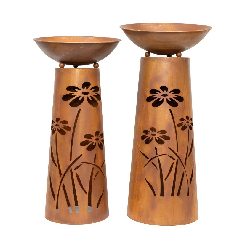Set 2 Nested Round Pillar Rust 'Flower' Planters 83cm, 77cm - Image 3