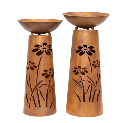 Set 2 Nested Round Pillar Rust 'Flower' Planters 83cm, 77cm - Image 3