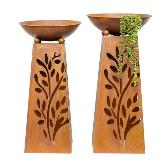 Set 2 Nested Tapered Pillar Rust 'Leaves' Planters 83cm, 77cm