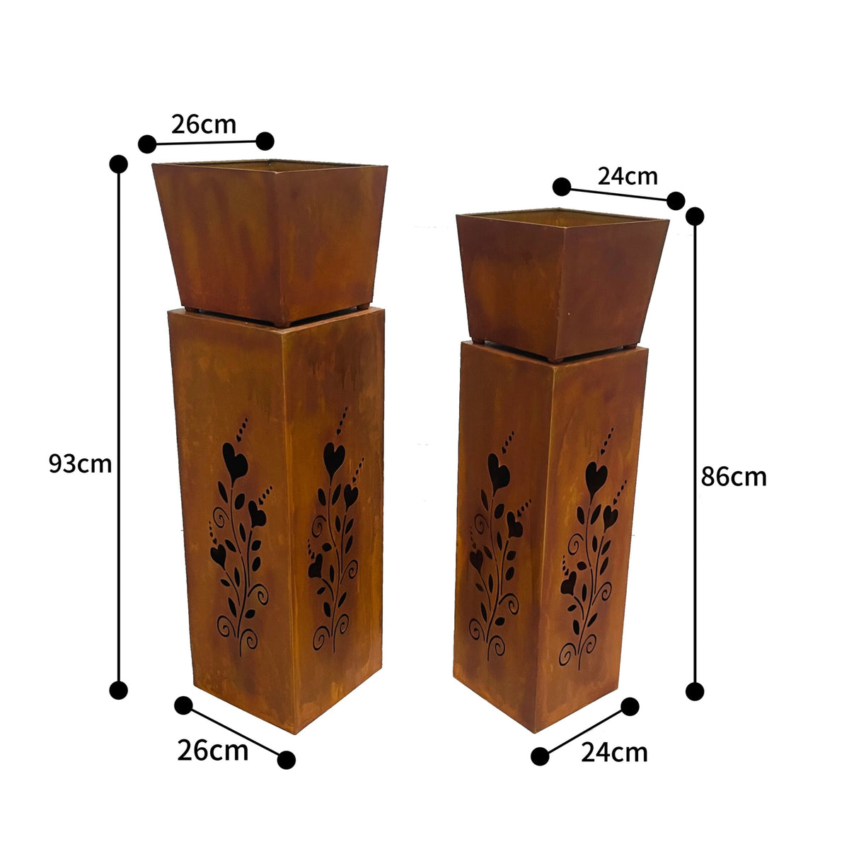 Set 2 Nested Square Pillar Rust 'Hearts' Panters 93cm, 86cm - Image 4