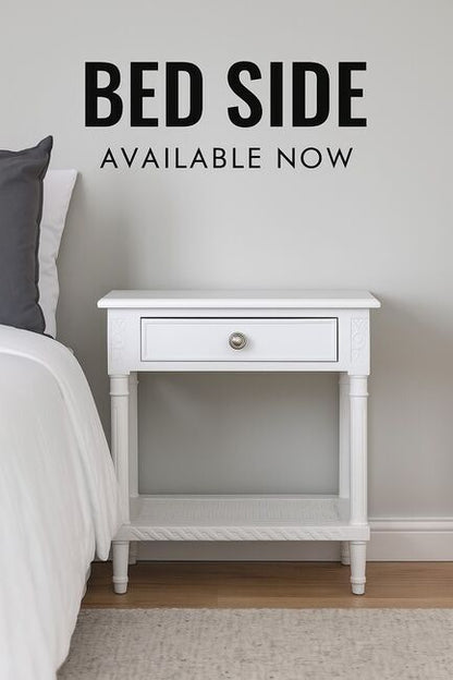 Polo Side Table / Bedside White with Shelf 60cm