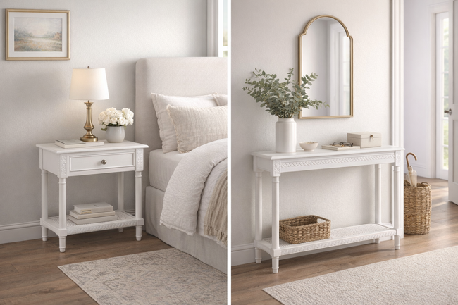 Polo Side Table / Bedside White with Shelf 60cm