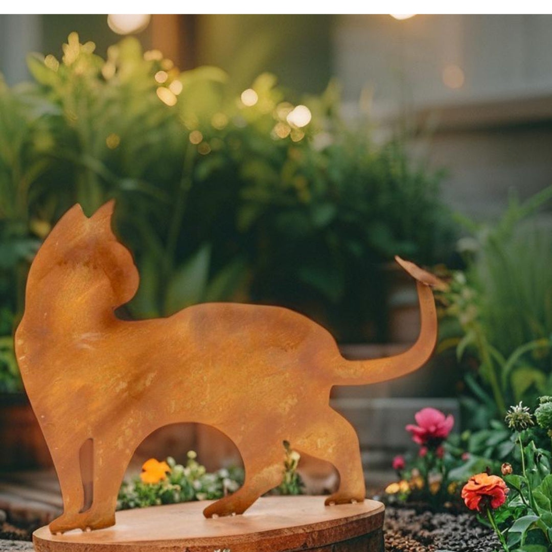 Rust Cat + Butterfly Ornament on Base 50cm