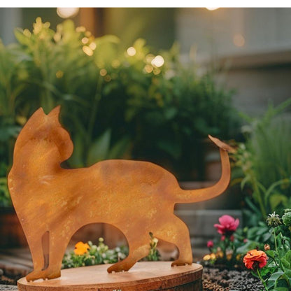 Rust Cat + Butterfly Ornament on Base 50cm