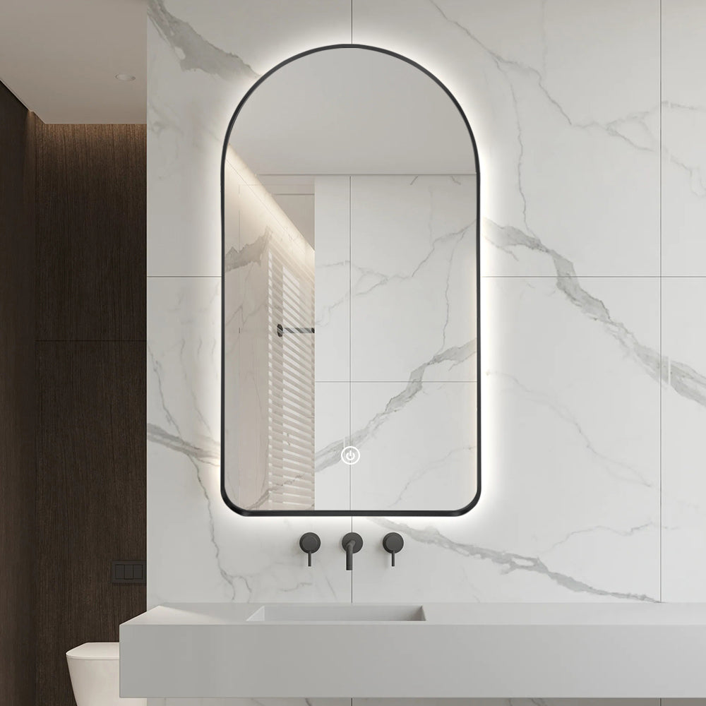 Arched LED Wall Mirror 130cm x 70cm Black Bevel Frame Backlit Dimmable Defogger