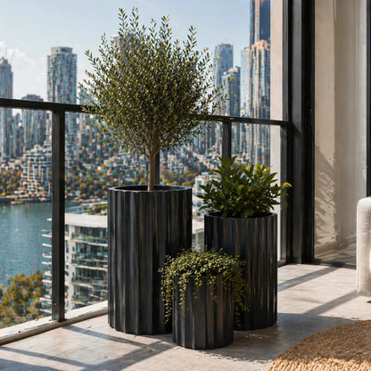 Set of 3 Luxury Rounded Ribbed Planter Premium Pot Range Black