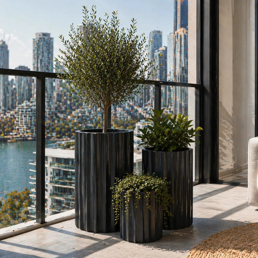 Set of 3 Luxury Rounded Ribbed Planter Premium Pot Range Black
