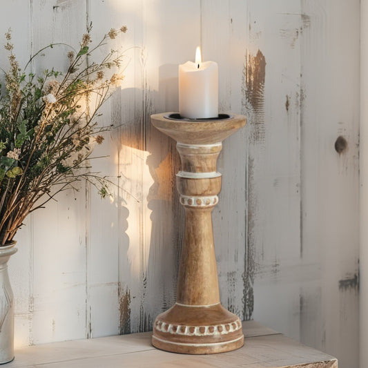 Carved Mango Wood Pillar Candle holder 30cm