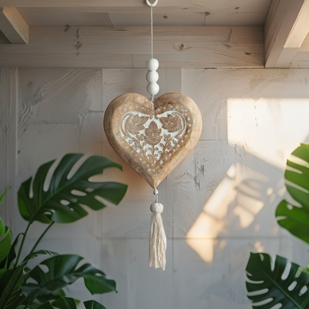 Mango Wood Heart w Beads & Tassle 73cm