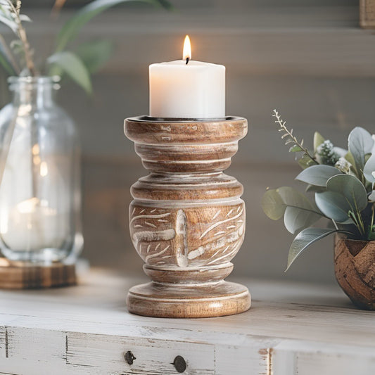 Mangowood Squat Pillar Candle holder 15cm
