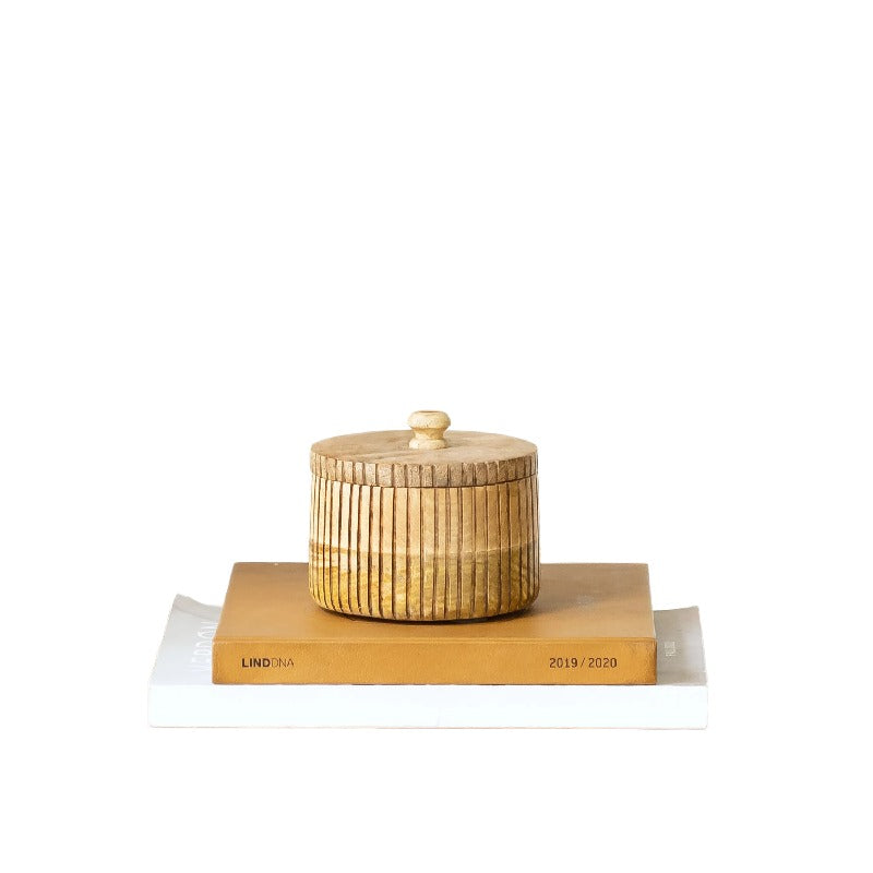 Handcrafted Round Box w Linear Carving 12cm - Image 2