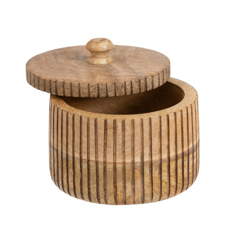 Handcrafted Round Box w Linear Carving 12cm - Image 3