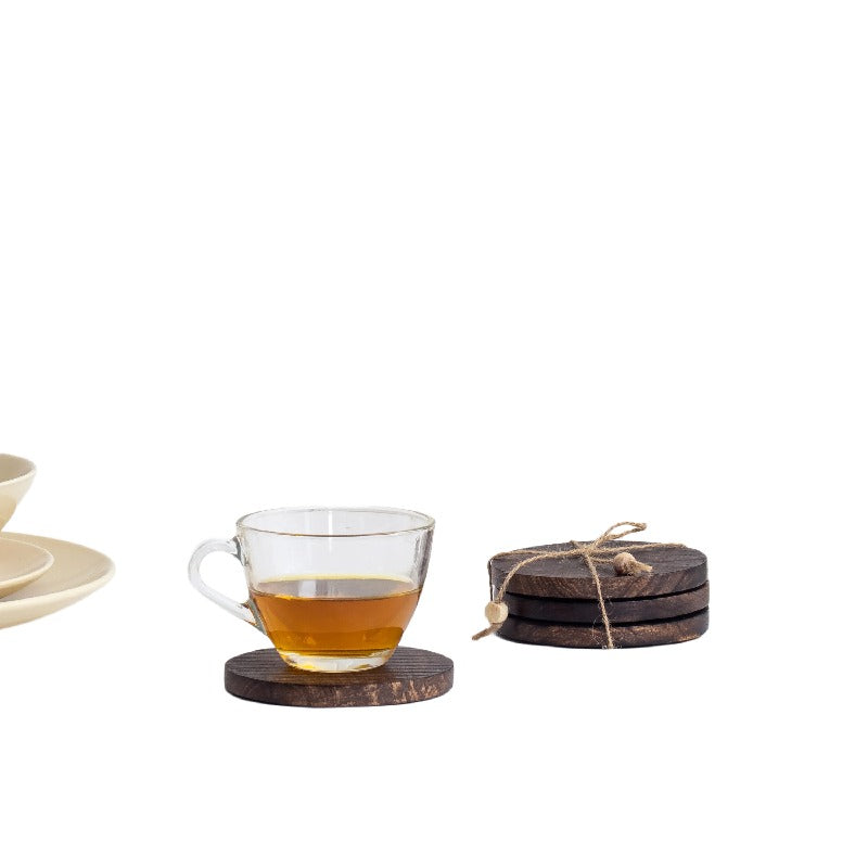 Handcrafted Burnt Finish 4pc Coaster Set w Tie 10cm - Image 4