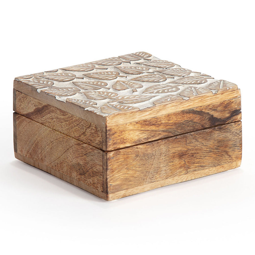 Mango Wood Embossed Leaves Trinket Box 15cm