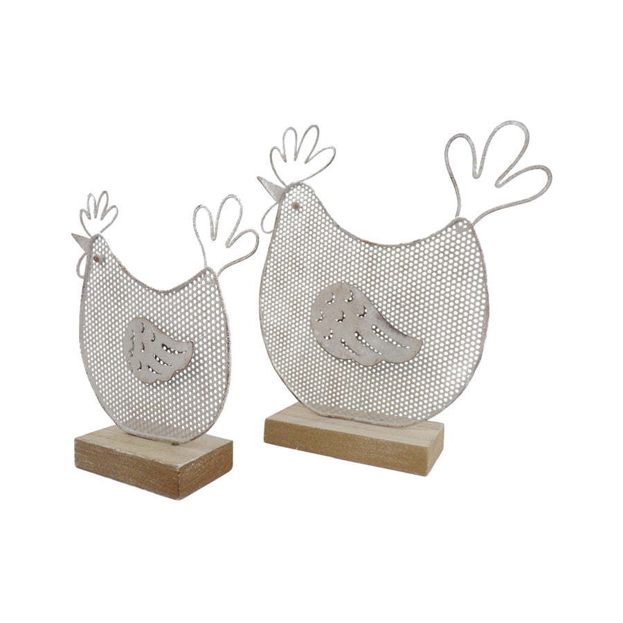 Set 2 Mum & Child Wire Chooks on Wood Base Ornament 19cm