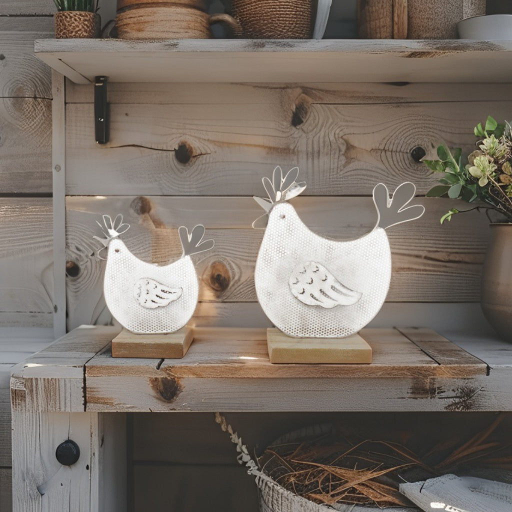 Set 2 Mum & Child Wire Chooks on Wood Base Ornament 19cm