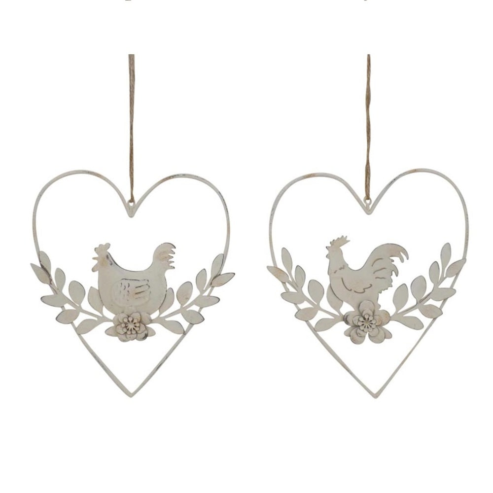 Set 2 Hanging Hearts w Rooster & Chook 17cm