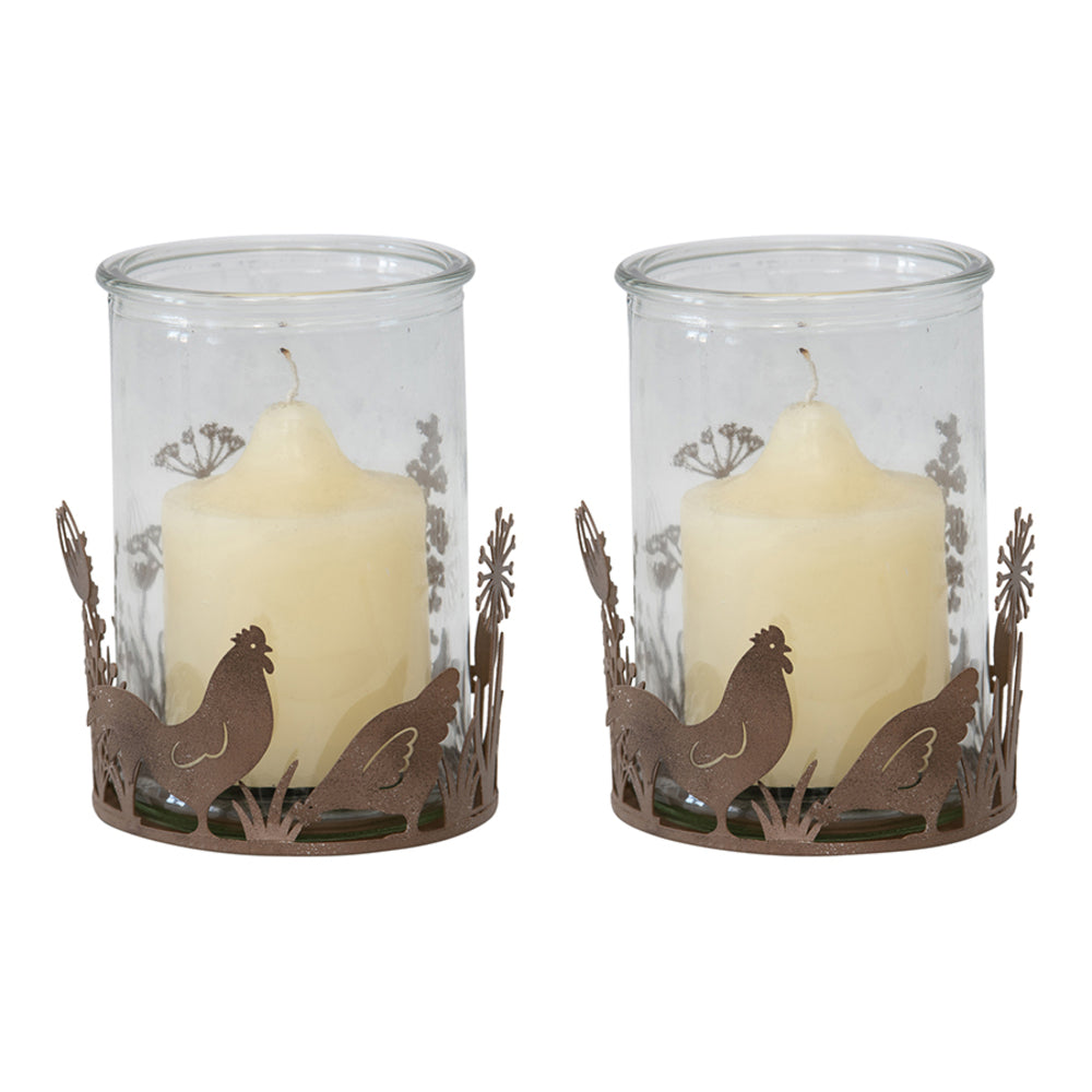 Set 2 Glass Candle holders in Low Rust Base w Chooks 10cm - Image 2