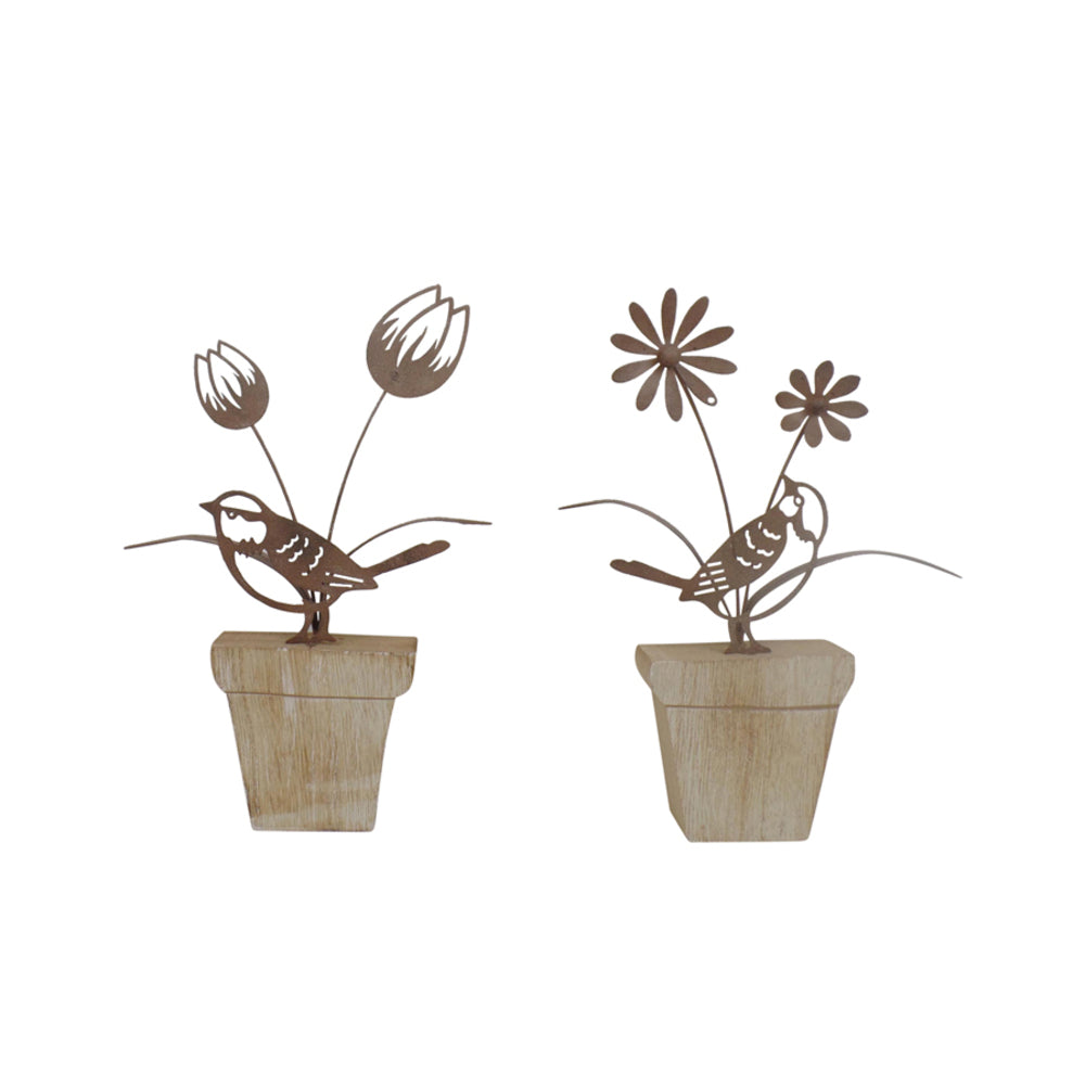 Set 2 Asst Birds & Flowers on Wood Ledge 21cm