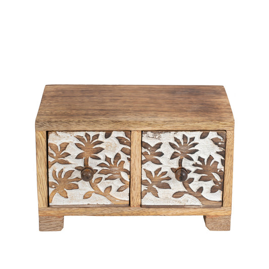Handcrafted Carved 2 Drawer Box 21cm