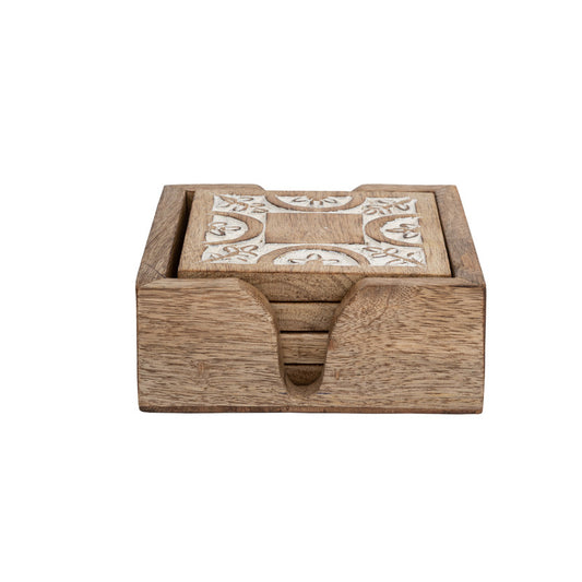 Handcrafted Carved 4pc Coaster Set in Holder 13cm