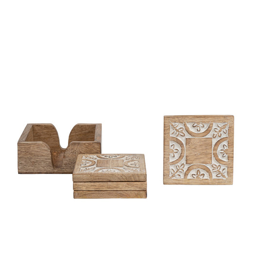 Handcrafted Carved 4pc Coaster Set in Holder 13cm - Image 2