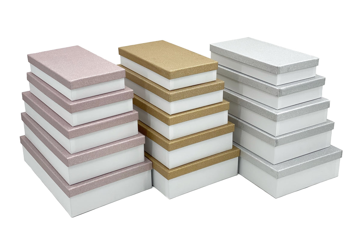 Bulk 6 White Box With Glitter Paper Lid Set Of 5 34x22x7.5cm