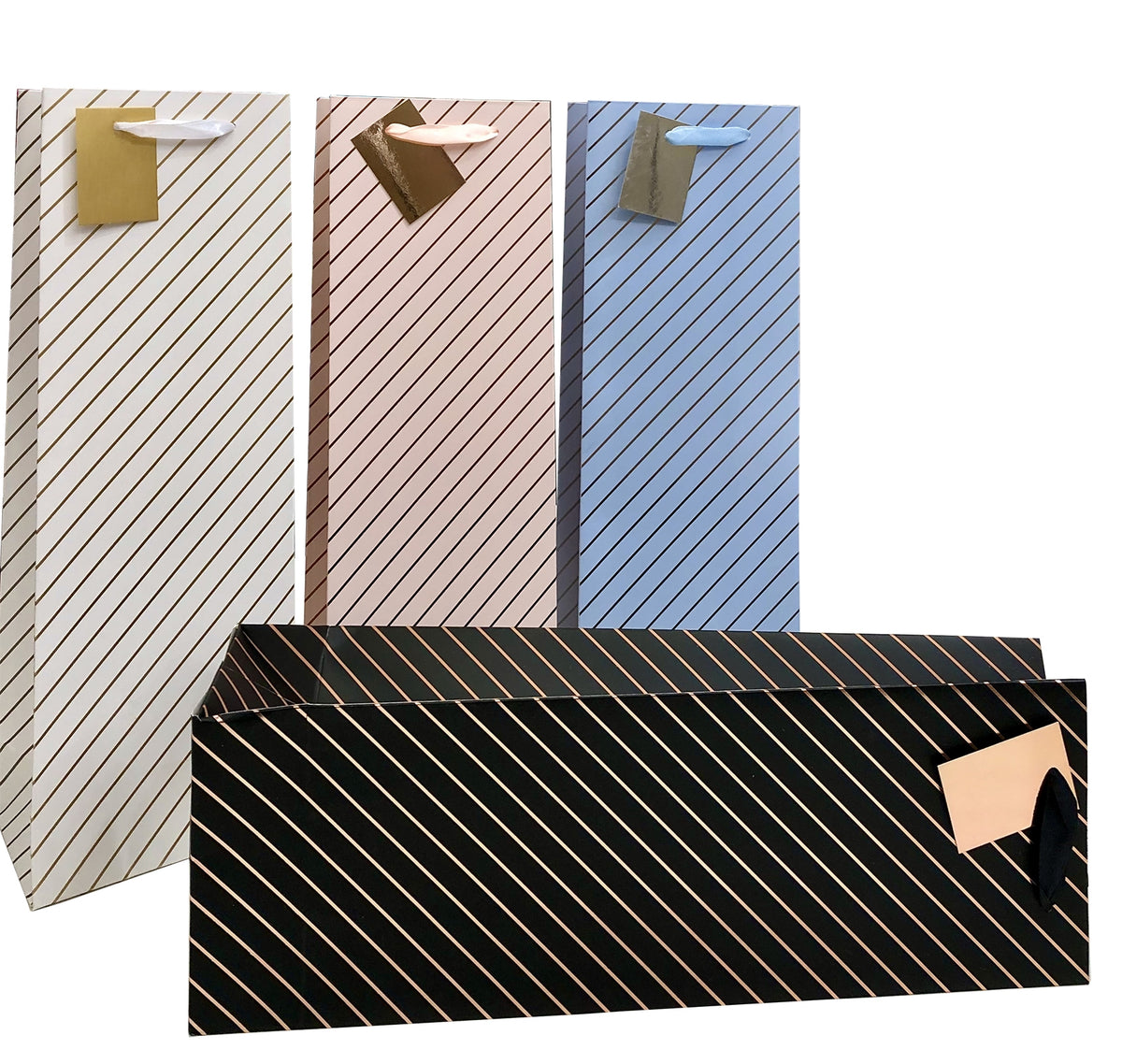 Bulk 24 Foil Stripe Gift Bag Bottle 36x12.3x8.5cm 4 Asst Cols