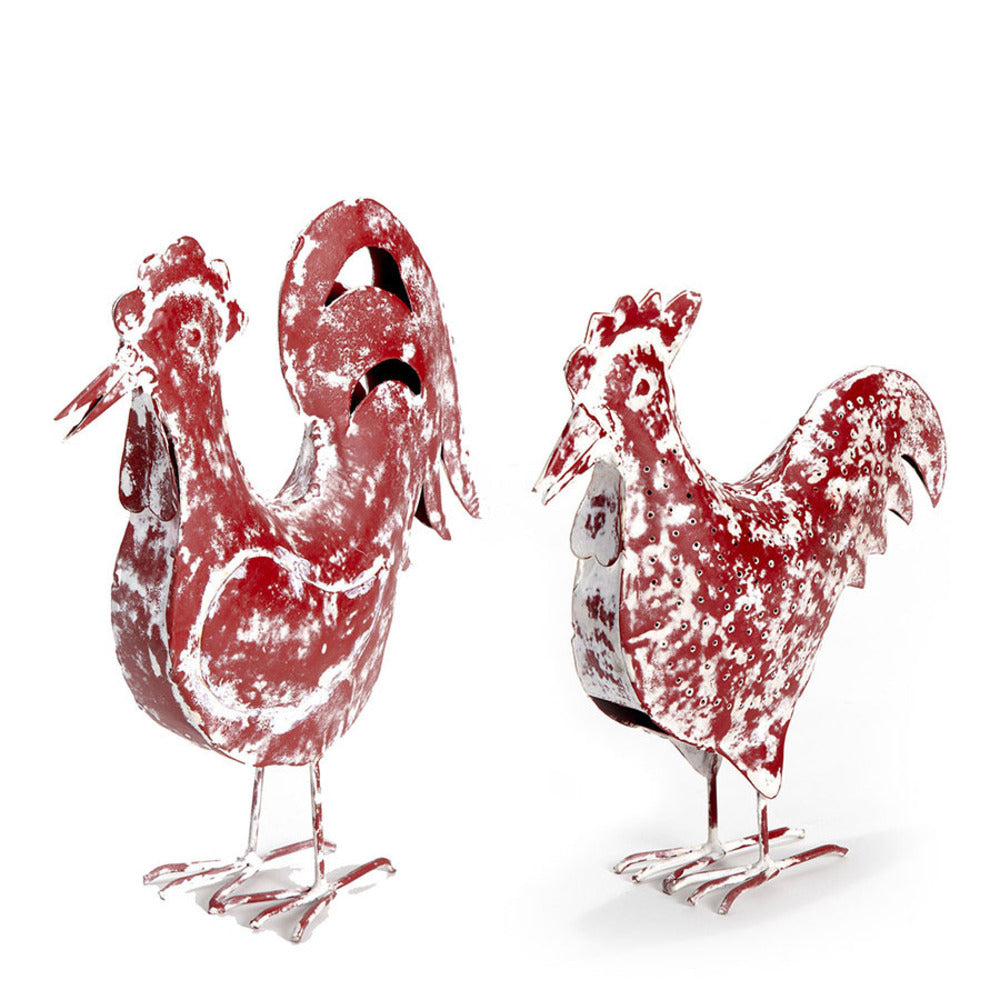 Set 2 Assorted Handcrafted Distressed Red Rooster & Chook 33cm