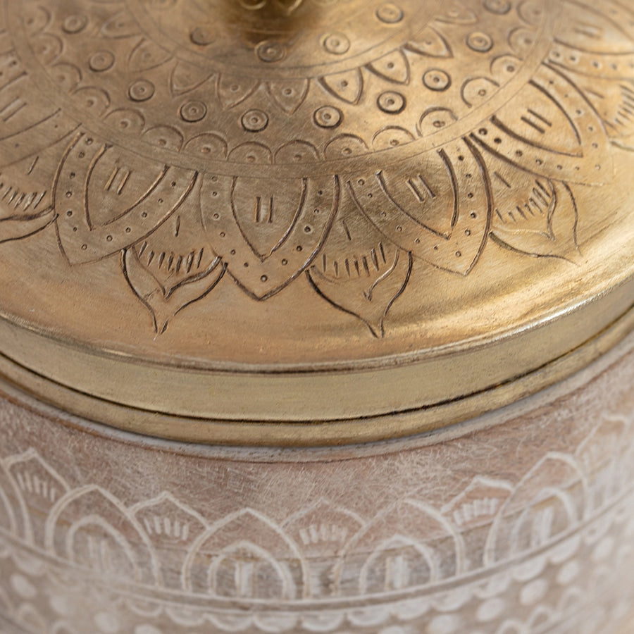 Hand Carved Round Wood Box W Pressed Metal Lid 13cm - Image 3