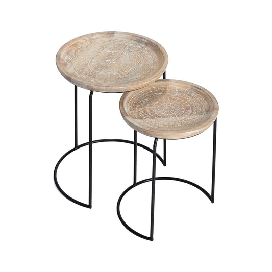 Set 2 Nested Handcrafted Mandala Mango Wood Side Tables 48x61cm
