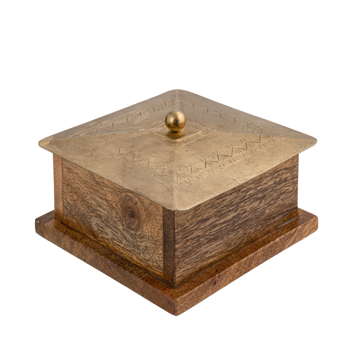 Handcrafted Square Mango Wood Box W Metal Pressed Lid 12cm - Image 4