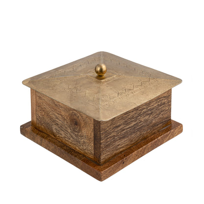 Handcrafted Square Mango Wood Box W Metal Pressed Lid 12cm - Image 4