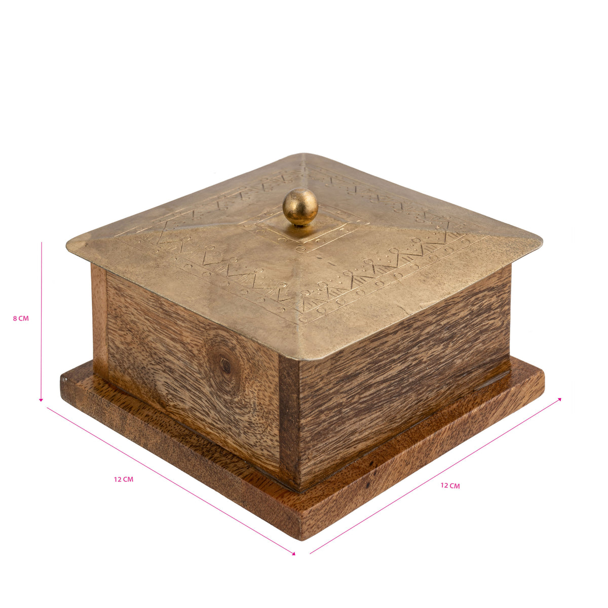 Handcrafted Square Mango Wood Box W Metal Pressed Lid 12cm - Image 5