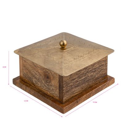 Handcrafted Square Mango Wood Box W Metal Pressed Lid 12cm - Image 5