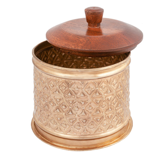 Handcrafted Round Metal Pressed Box W Mango Wood Lid 14cm